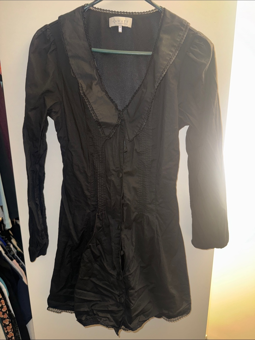Wayf Black Long-Sleeve Mini Dress with Lace Trim